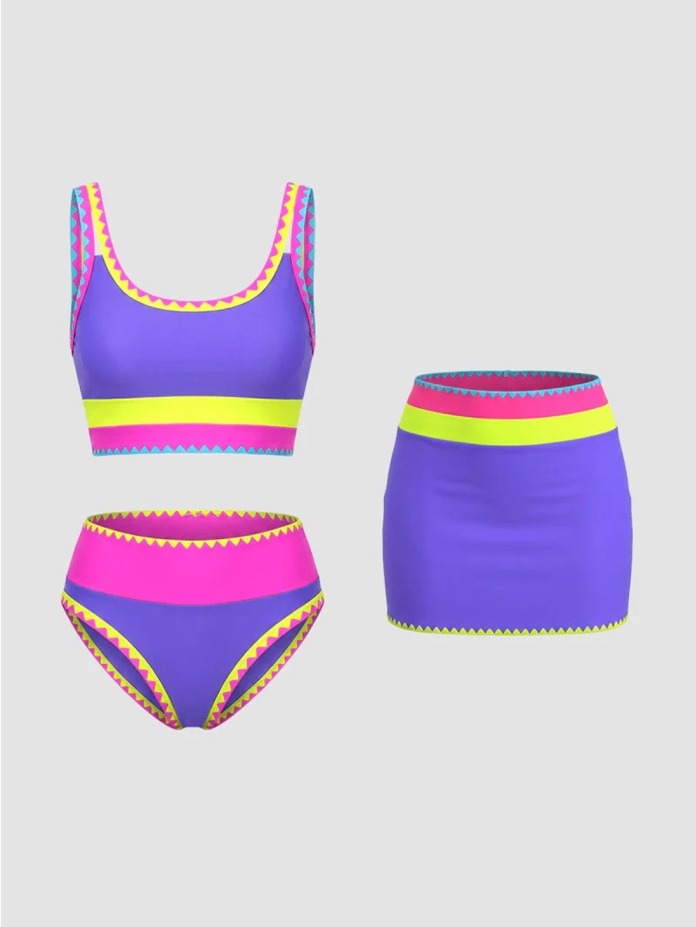 Color Block 3 Piece Bikini Set Ozealla